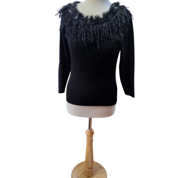 Attitude Black Sweater with Shaggy Fringe And Rabbit Fur Trim - Picture 5 of 5